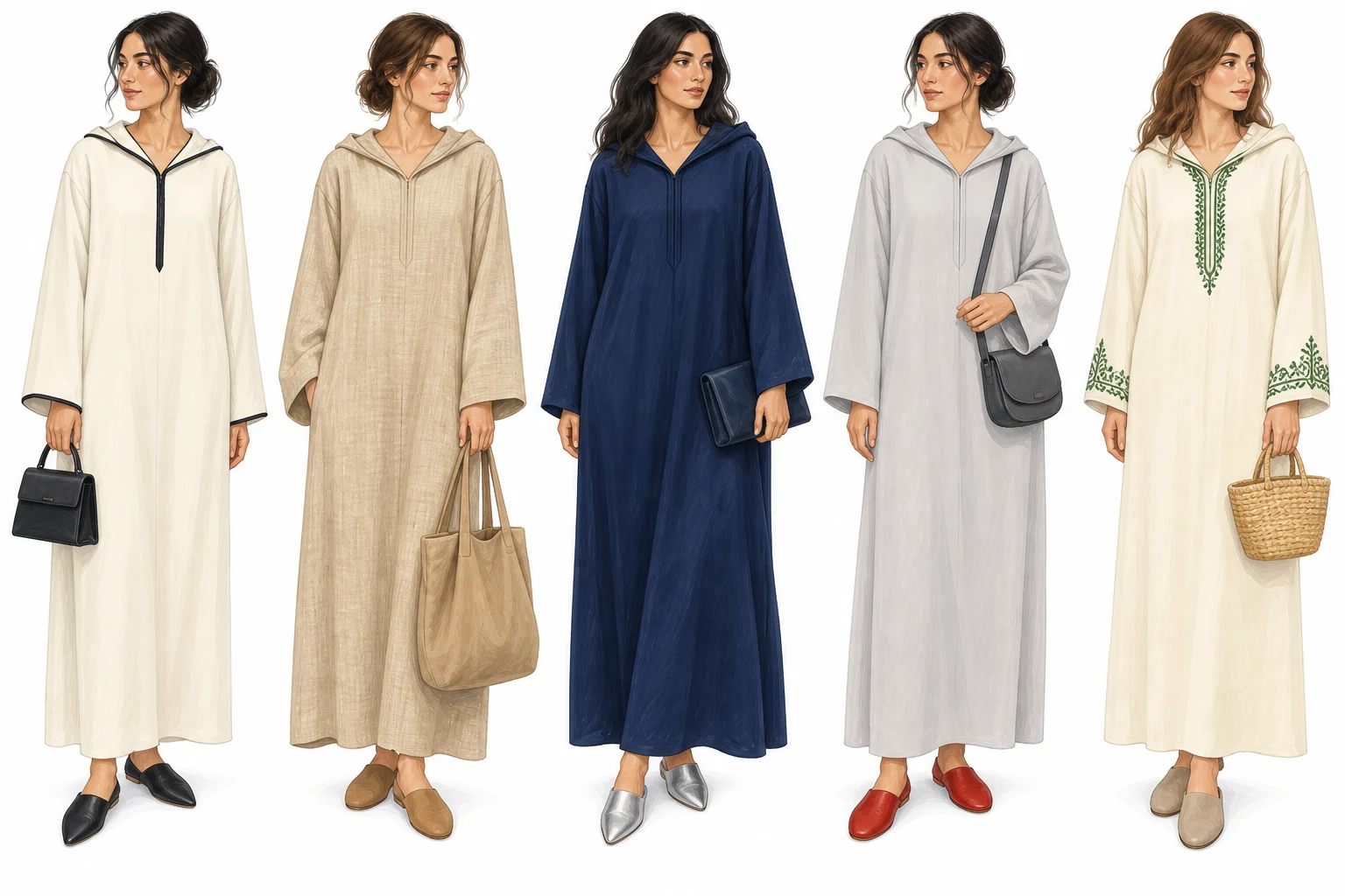 Cinq silhouettes : écru et noir, sable et camel, bleu nuit et argent, gris et rouge, crème brodé et beige.