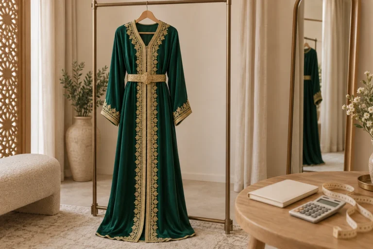 Caftan vert brodé de doré sur un portant, avec carnet, calculatrice et mètre ruban sur une table