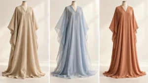 Comparaison du tombé d’un caftan en lin, en mousseline superposée et en crêpe fin