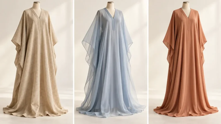 Comparaison du tombé d’un caftan en lin, en mousseline superposée et en crêpe fin