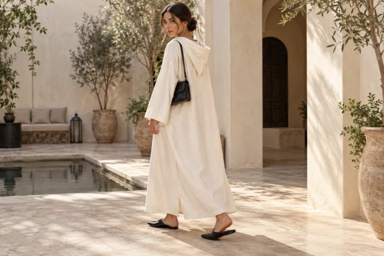 Djellaba écrue à capuche portée avec des babouches noires et un petit sac noir.