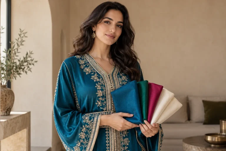 Femme adulte en caftan bleu pétrole tenant des étoffes émeraude, framboise et ivoire