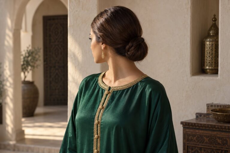 Chignon bas lisse sous la nuque avec caftan vert à encolure brodée dorée