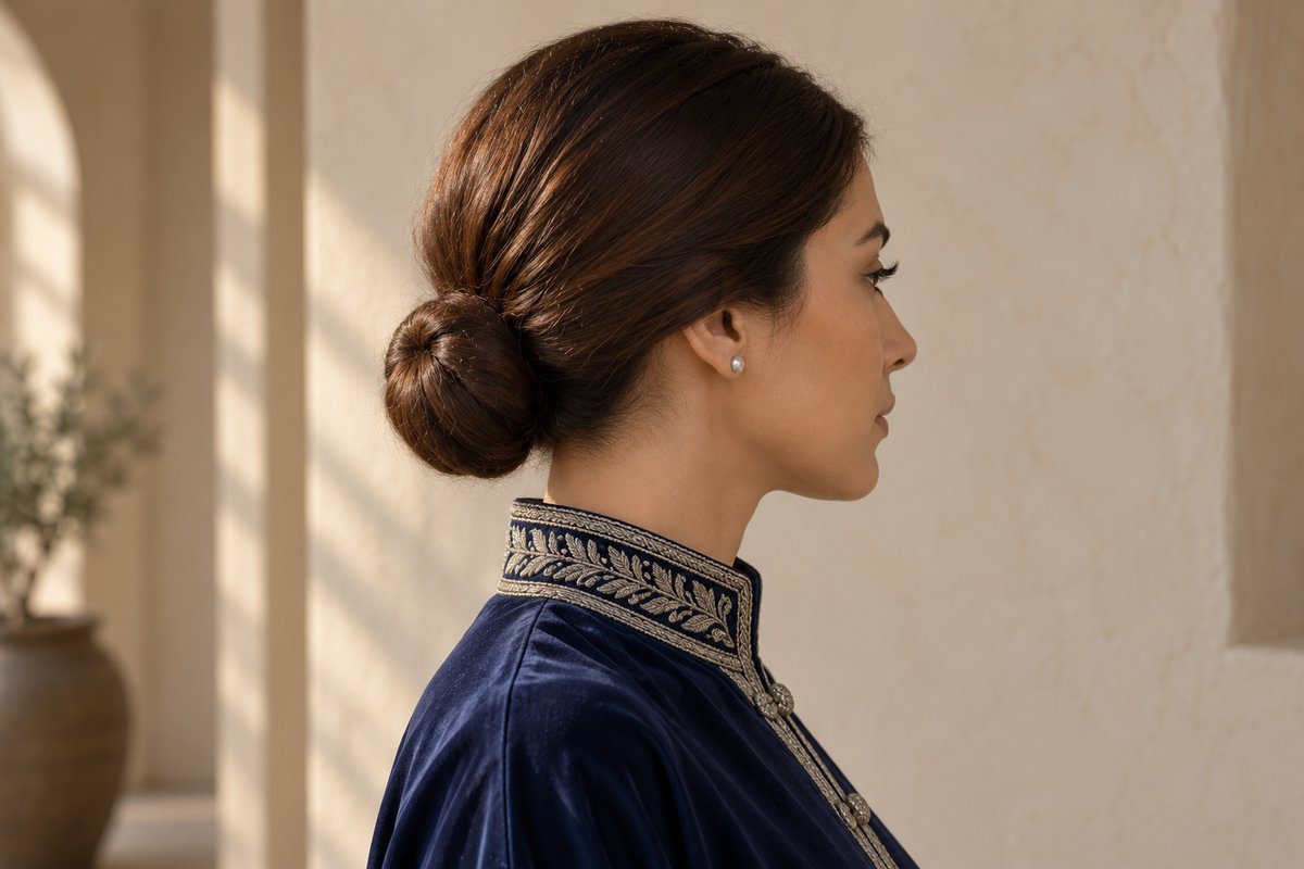 Profil d'un chignon bas compact au-dessus d'un col officier brodé argent