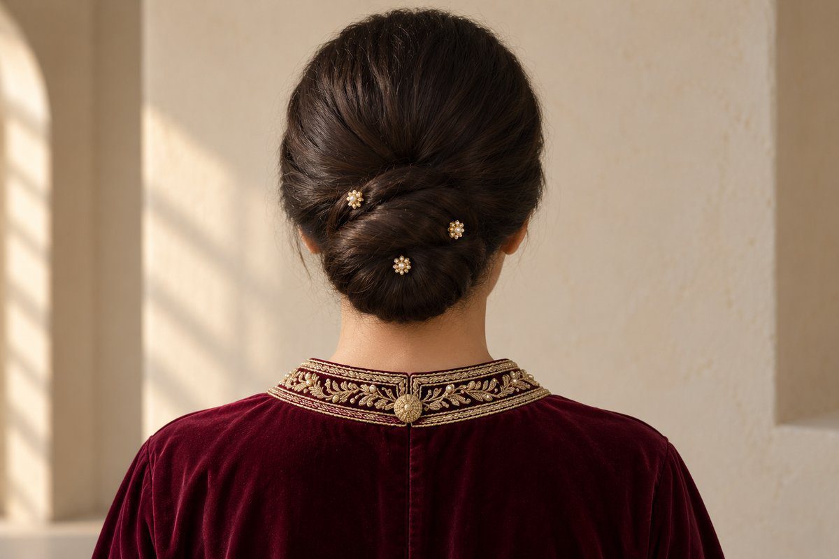 Chignon bas torsadé vu de dos avec épingles dorées et col brodé