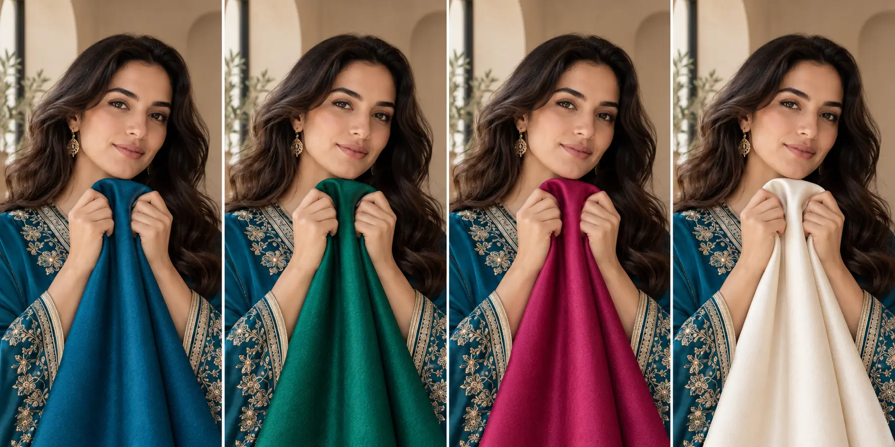 Femme adulte comparant quatre étoffes de caftan bleu pétrole, vert émeraude, framboise et ivoire près du visage