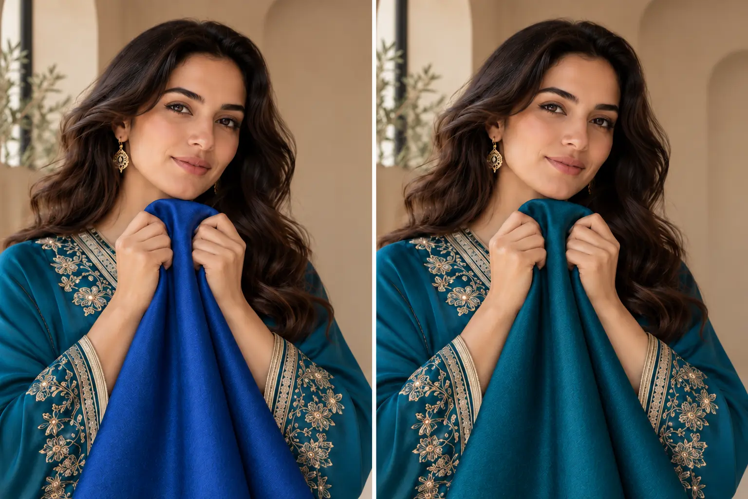Comparaison de deux étoffes de caftan bleu roi et bleu pétrole placées sous le menton
