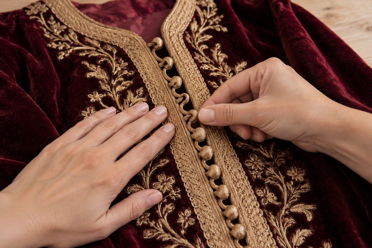 Mains qui ouvrent un à un les aqads dorés d'un caftan bordeaux