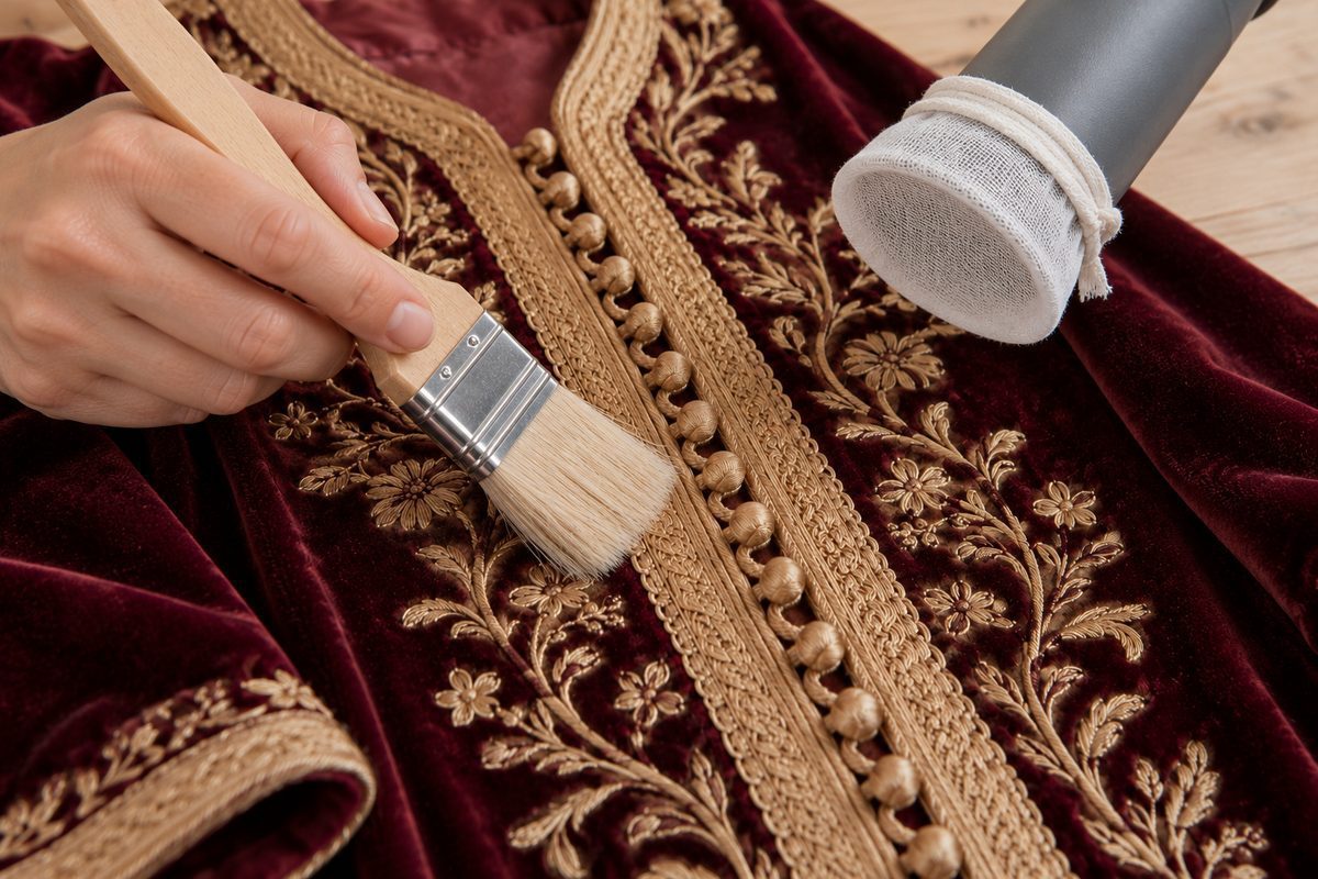 Pinceau souple dépoussiérant le galon doré d'un caftan, embout d'aspirateur couvert de gaze