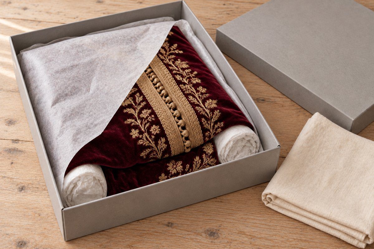 Caftan brodé plié dans une boîte, plis rembourrés de papier de soie blanc