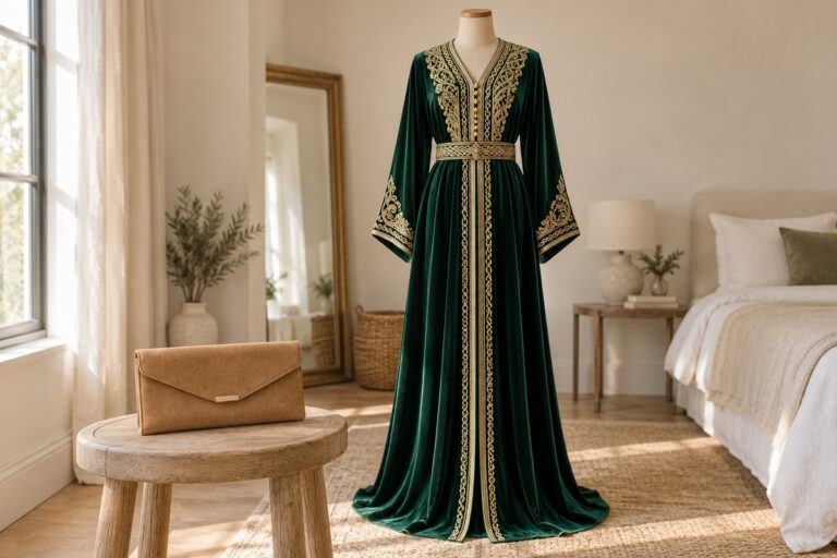 Caftan émeraude brodé d'or sur mannequin avec pochette unie en daim camel