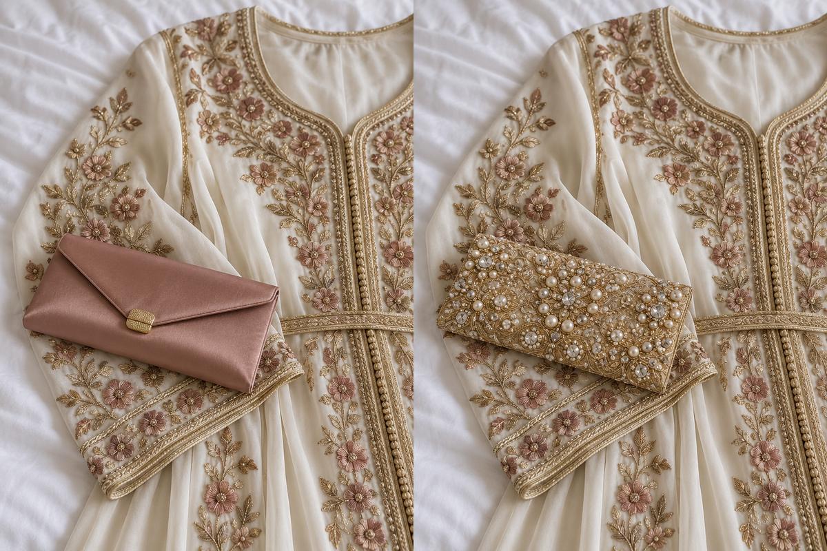 Même caftan ivoire brodé avec pochette satin unie puis pochette brocart perlée