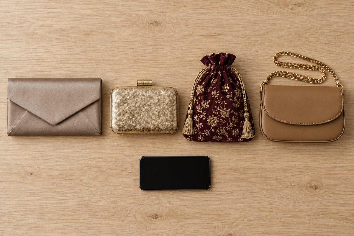 Pochette, minaudière, potli et petit sac à chaîne à côté d'un smartphone