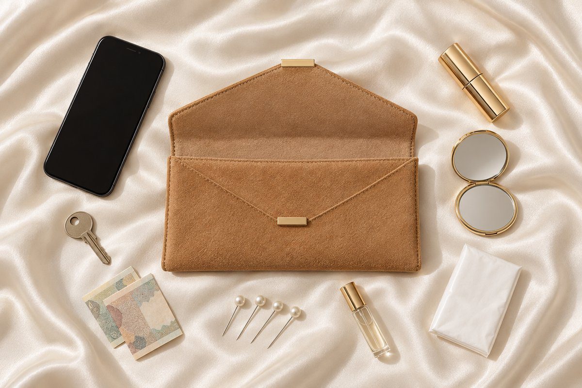 Pochette camel ouverte entourée de téléphone, rouge à lèvres, miroir et épingles